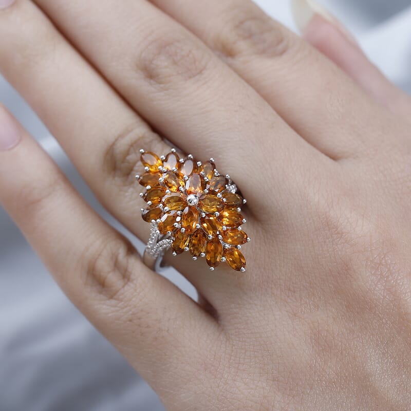 Santa Ana Madeira Citrine and White Zircon Floral Spray Ring in Platinum Over Sterling Silver (Size 10.0) 5.15 ctw