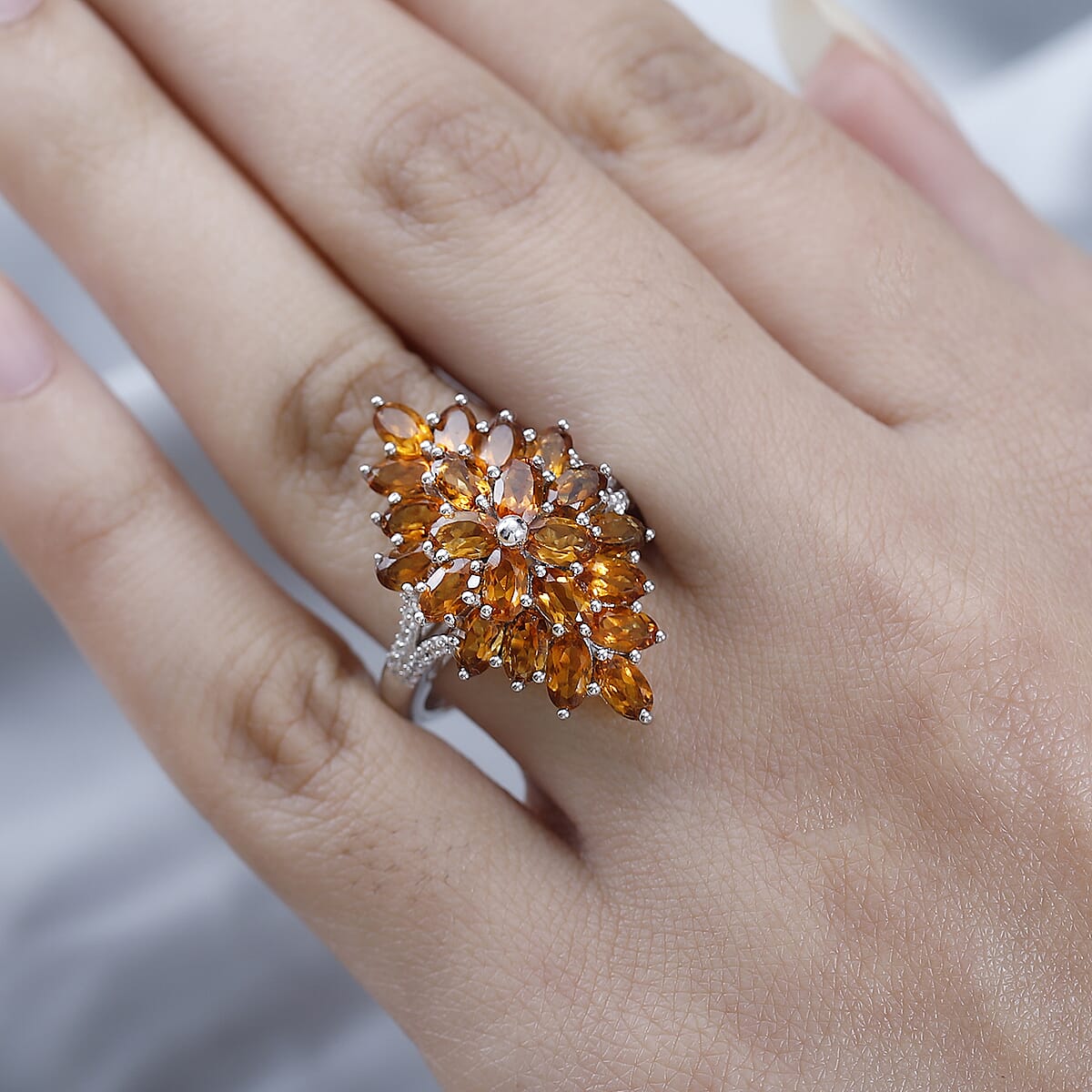 Santa Ana Madeira Citrine and White Zircon Floral Spray Ring in Platinum Over Sterling Silver (Size 7.0) 5.15 ctw image number 2