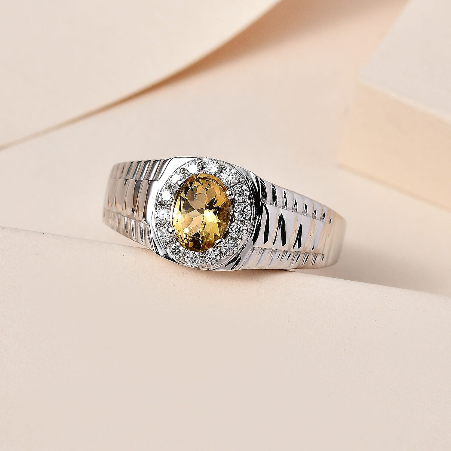Premium Brazilian Heliodor and Moissanite Men's Ring in Platinum Over Sterling Silver (Size 10.0) 1.85 ctw