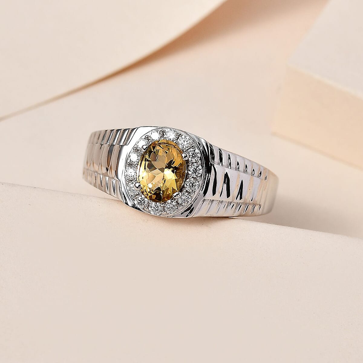 Premium Brazilian Heliodor and Moissanite Men's Ring in Platinum Over Sterling Silver (Size 12.0) 1.85 ctw image number 1