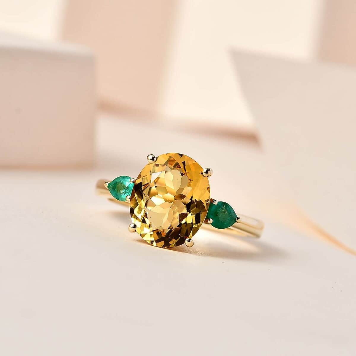 Luxoro 10K Yellow Gold Premium Brazilian Heliodor and Premium Boyaca Colombian Emerald Ring (Size 10.0) 3.15 ctw image number 1