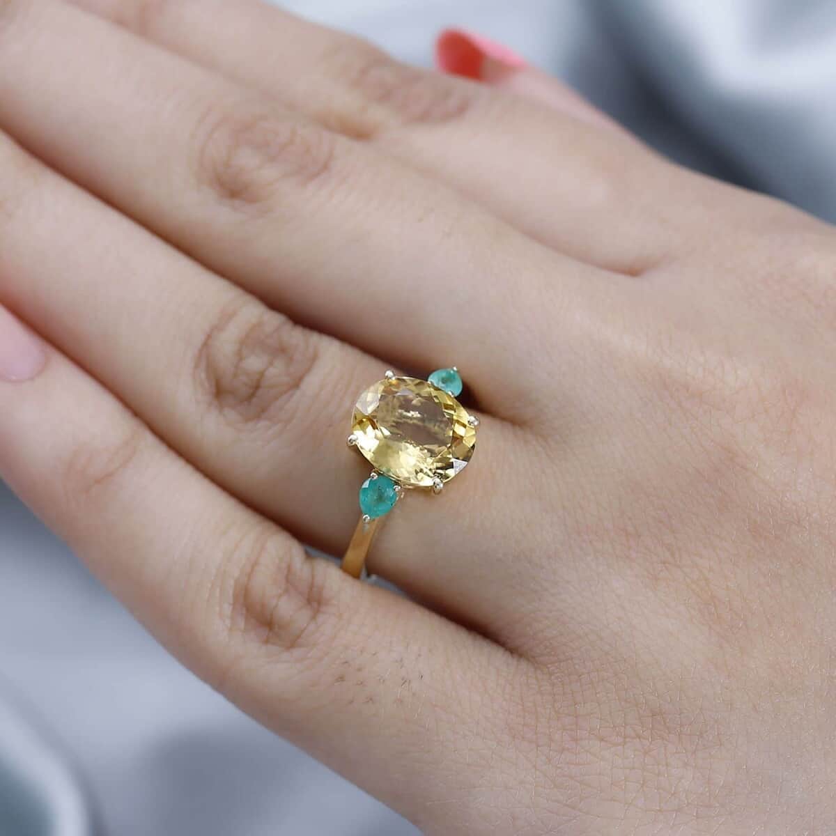 Luxoro 10K Yellow Gold Premium Brazilian Heliodor and Premium Boyaca Colombian Emerald Ring (Size 10.0) 3.15 ctw image number 2