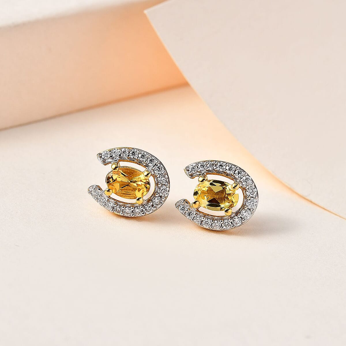 Premium Brazilian Heliodor and Moissanite Horseshoe Stud Earrings in Vermeil Yellow Gold Over Sterling Silver 1.25 ctw image number 1