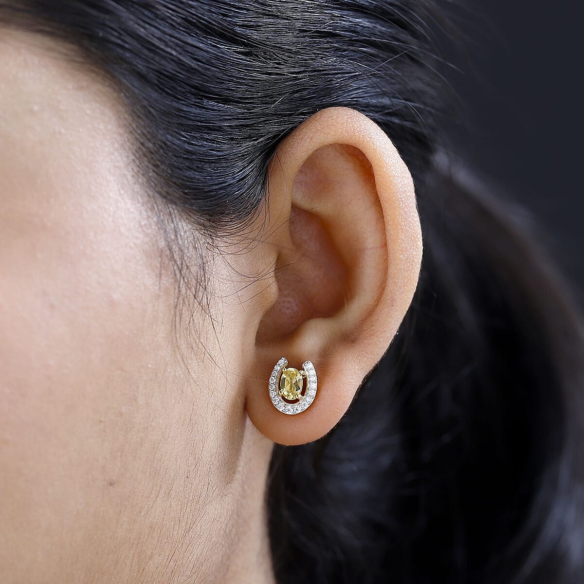 Premium Brazilian Heliodor and Moissanite Horseshoe Stud Earrings in Vermeil Yellow Gold Over Sterling Silver 1.25 ctw image number 2