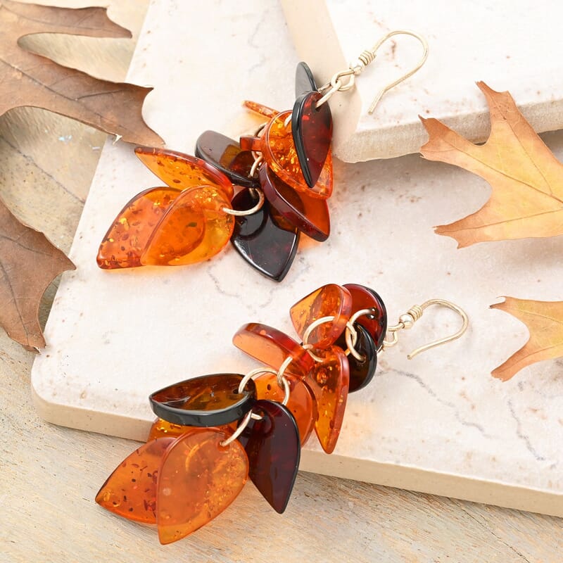 Baltic Amber Leaf Casacade Earrings in Sterling Silver