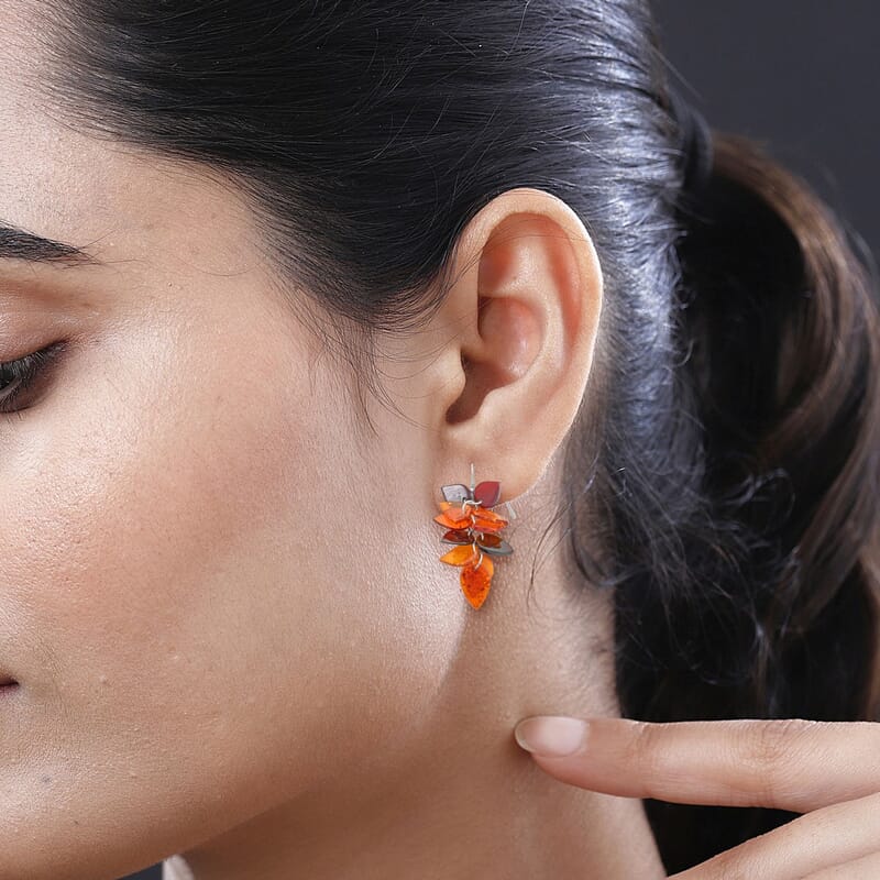 Baltic Amber Leaf Casacade Earrings in Sterling Silver