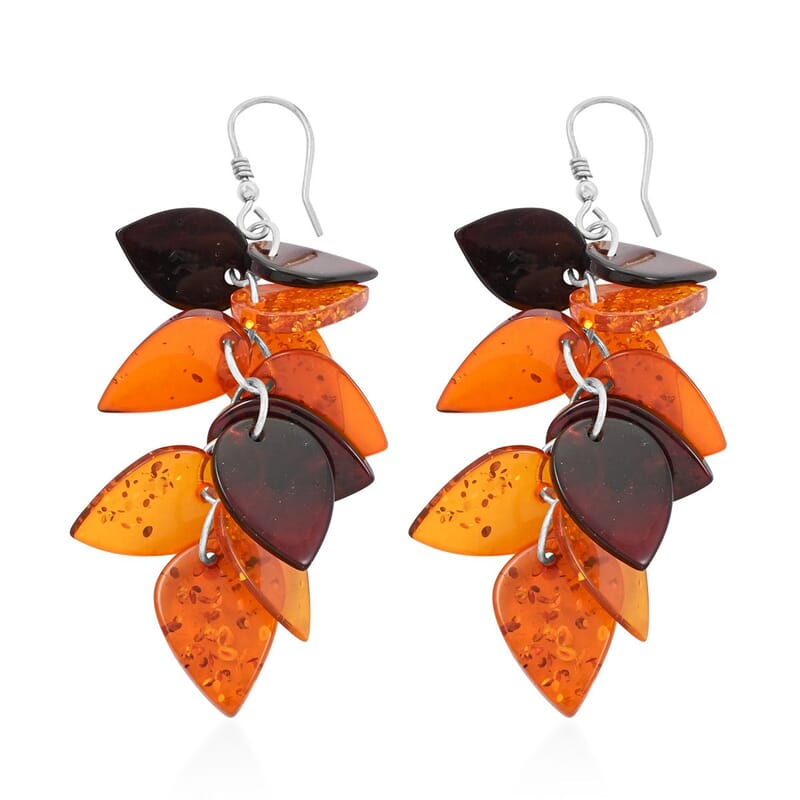 Baltic Amber Leaf Casacade Earrings in Sterling Silver