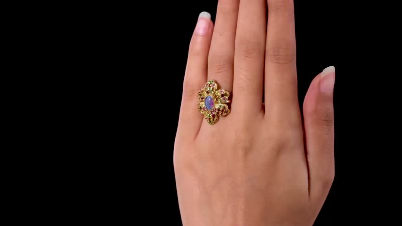 GP Italian Garden Collection Premium Boulder Opal Triplet and Multi-Tourmaline Floral Ring in Vermeil Yellow Gold Over Sterling Silver (Size 10.0) 3.00 ctw