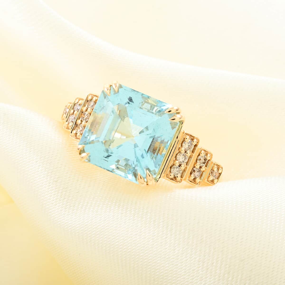 Certified & Appraised Luxoro 14K Yellow Gold Asscher Cut AAA Santa Maria Aquamarine and I2 Diamond Ring (Size 6.0) 4.30 Grams 4.50 ctw image number 1