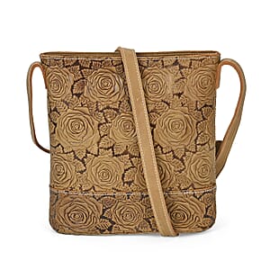 Italy Retro Noble Collection Khaki Distressed Genuine Leather Crossbody Bag with 47 Inch Shoulder Strap, Floral Embossed Ladies Purse Handbag With Adjustable Detachable Strap
