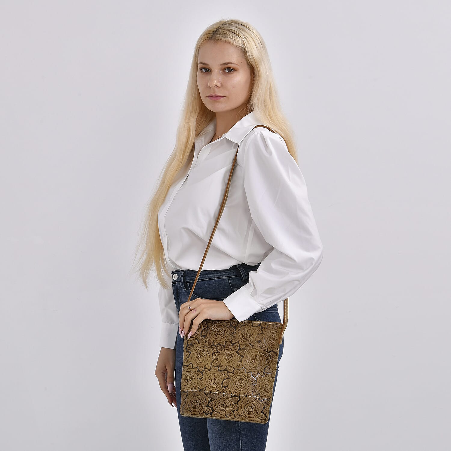 Italy Retro Noble Collection Khaki Distressed Genuine Leather Crossbody Bag with 47 Inch Shoulder Strap, Floral Embossed Ladies Purse Handbag With Adjustable Detachable Strap