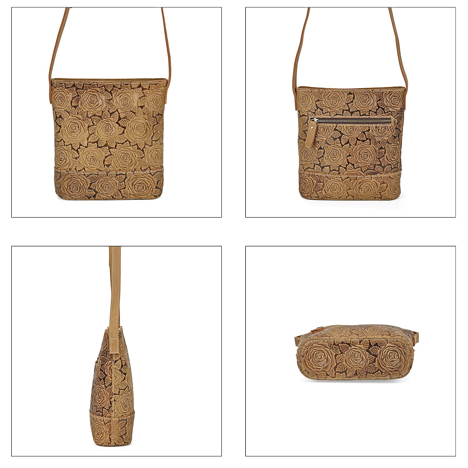 Italy Retro Noble Collection Khaki Distressed Genuine Leather Crossbody Bag with 47 Inch Shoulder Strap, Floral Embossed Ladies Purse Handbag With Adjustable Detachable Strap