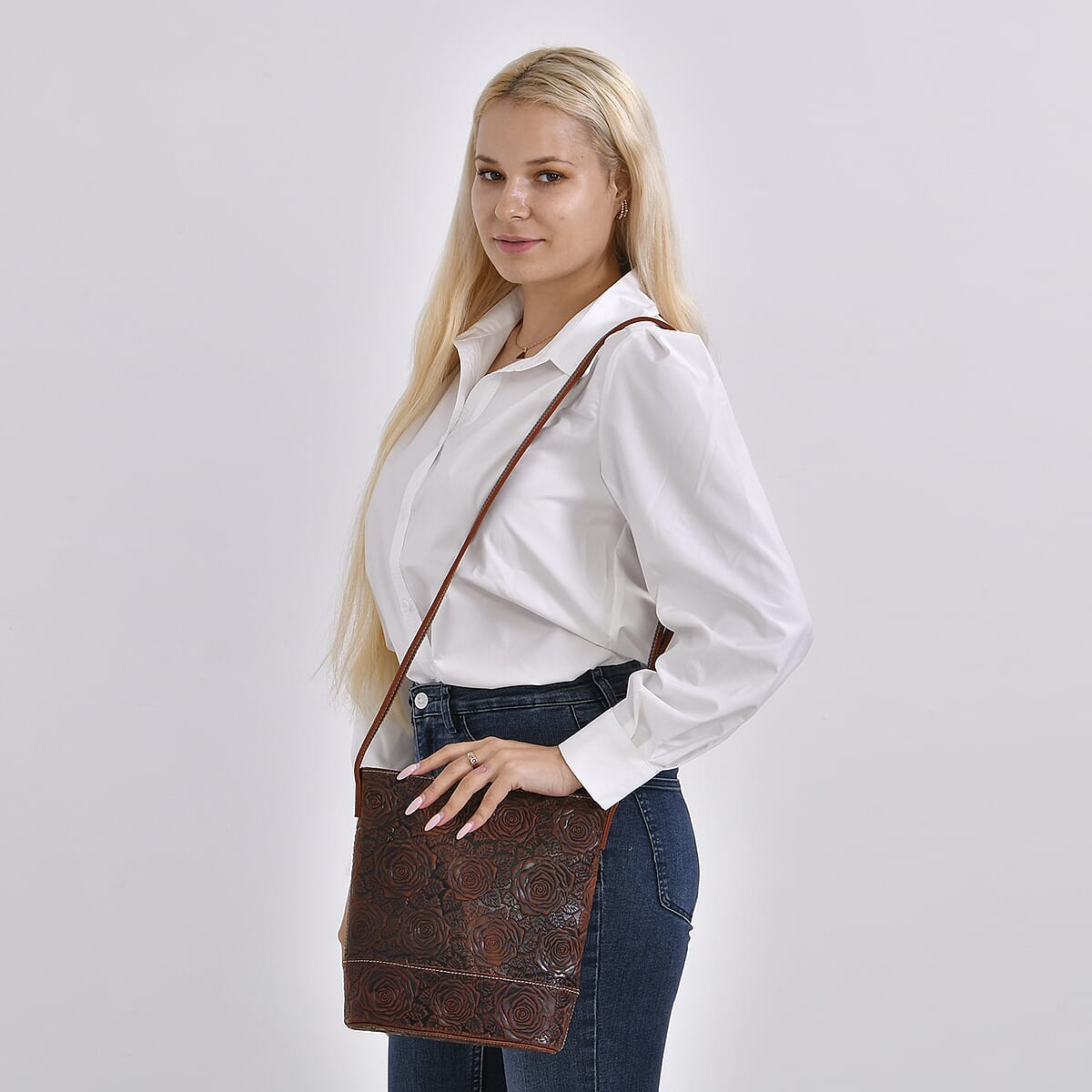 Italy Retro Noble Collection Brown Distressed Genuine Leather Crossbody Bag with 47 Inch Shoulder Strap, Floral Embossed Ladies Purse Handbag With Adjustable Detachable Strap image number 1