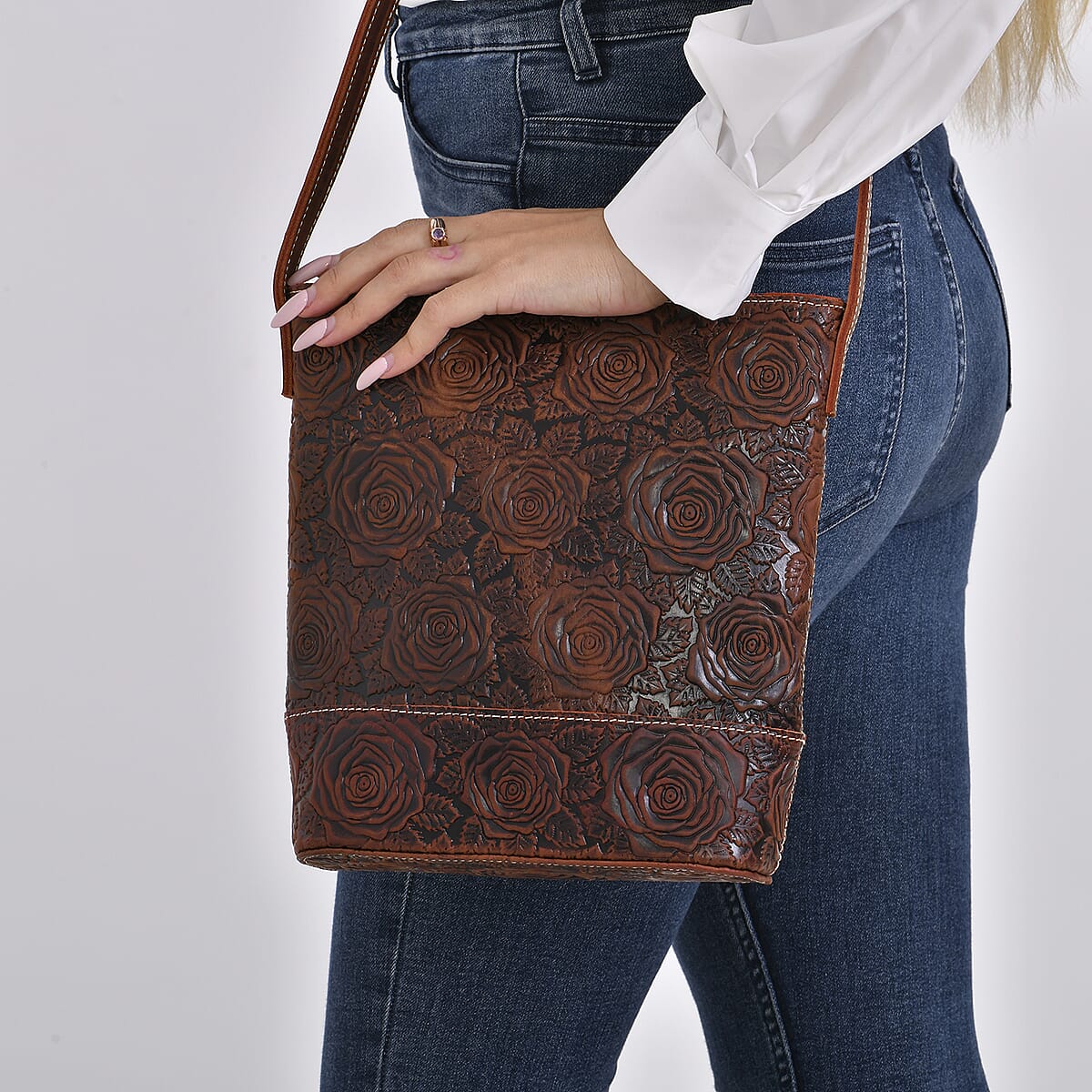 Italy Retro Noble Collection Brown Distressed Genuine Leather Crossbody Bag with 47 Inch Shoulder Strap, Floral Embossed Ladies Purse Handbag With Adjustable Detachable Strap image number 2