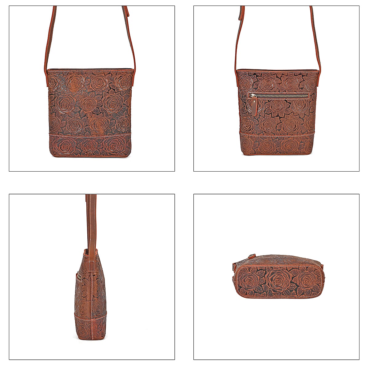 Italy Retro Noble Collection Brown Distressed Genuine Leather Crossbody Bag with 47 Inch Shoulder Strap, Floral Embossed Ladies Purse Handbag With Adjustable Detachable Strap image number 3
