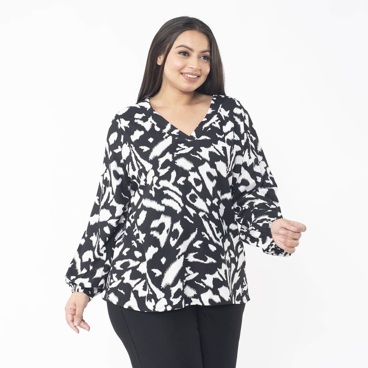 Tamsy Black Floral Full Sleeve Blouse with Elastic on Sleeve Opening - One Size Fits Most image number 2