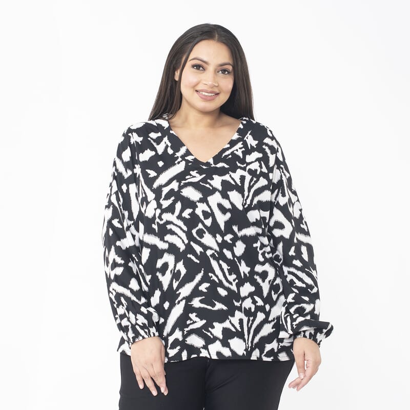 Tamsy Black Abstract Long Sleeve Blouse with Elastic Sleeve Opening – One Size Fits Most
