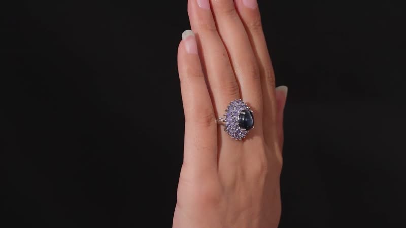 Blue Star Sapphire (DF) and Tanzanite Cocktail Ring in Platinum Over Sterling Silver 8.50 ctw