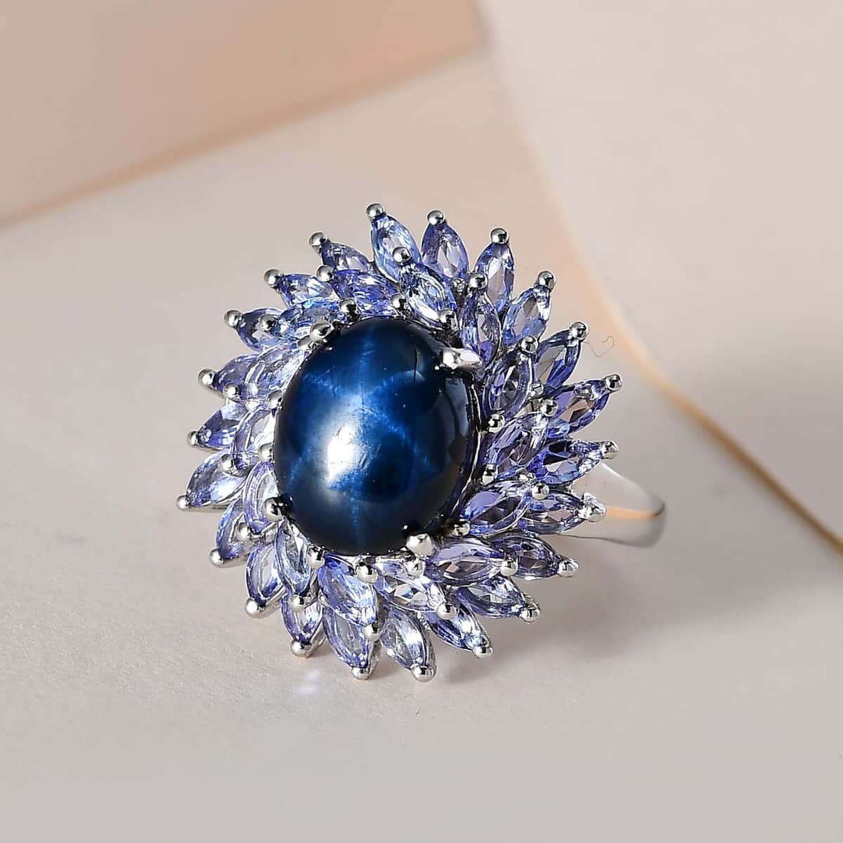 Blue Star Sapphire (DF) and Tanzanite Cocktail Ring in Platinum Over Sterling Silver 8.50 ctw image number 1