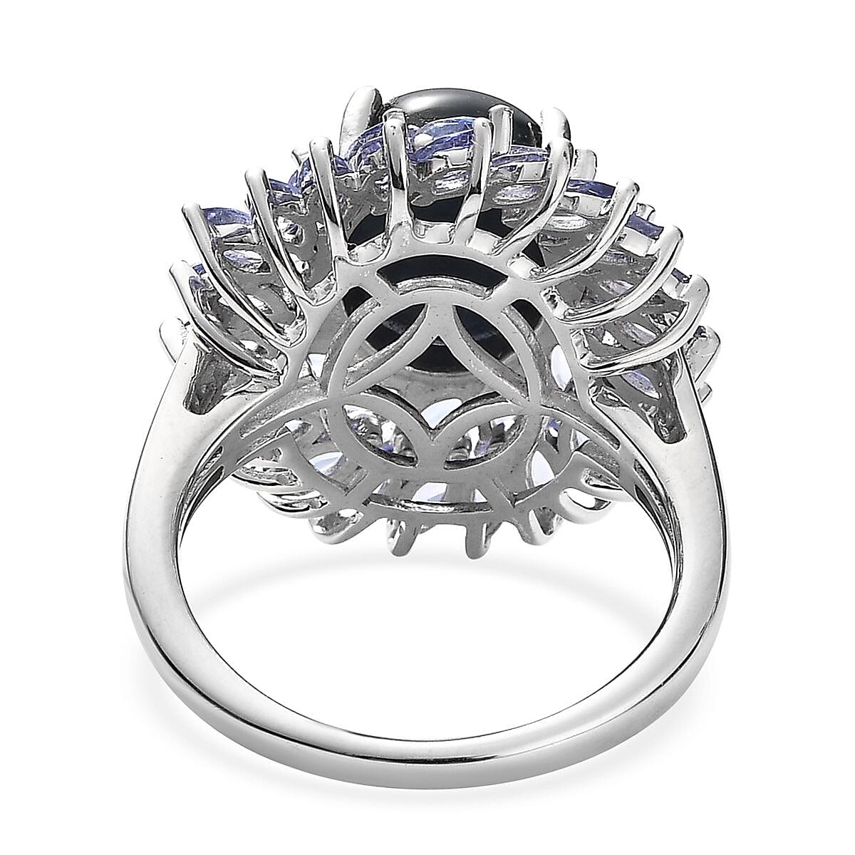 D'Joy Blue Star Sapphire (DF) and Tanzanite 8.50 ctw Double Halo Ring in Platinum Over Sterling Silver (Size 10.0)