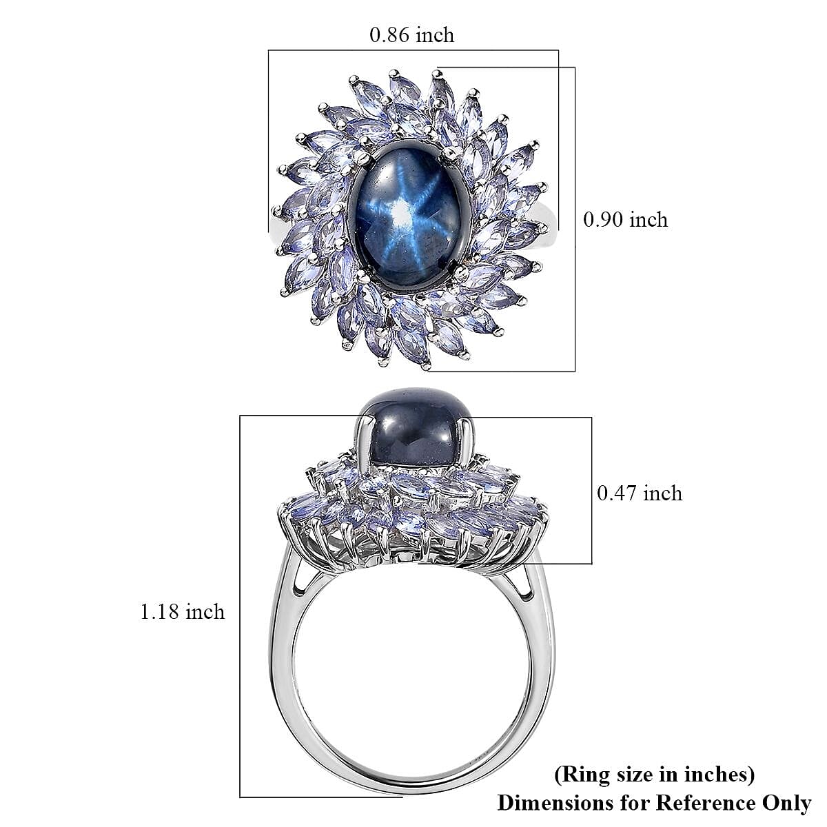 D'Joy Blue Star Sapphire (DF) and Tanzanite 8.50 ctw Double Halo Ring in Platinum Over Sterling Silver (Size 10.0)