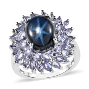 Blue Star Sapphire (DF) and Tanzanite Cocktail Ring in Platinum Over Sterling Silver (Size 8.0) 8.50 ctw