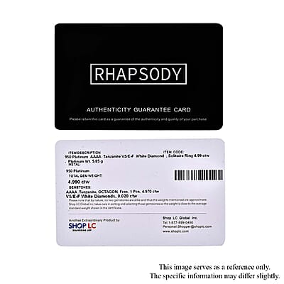Rhapsody AAAA Tanzanite and E-F VS2 Diamond 5.00 ctw Solitaire Ring in 950 Platinum (Size 6.0) 5.85 Grams