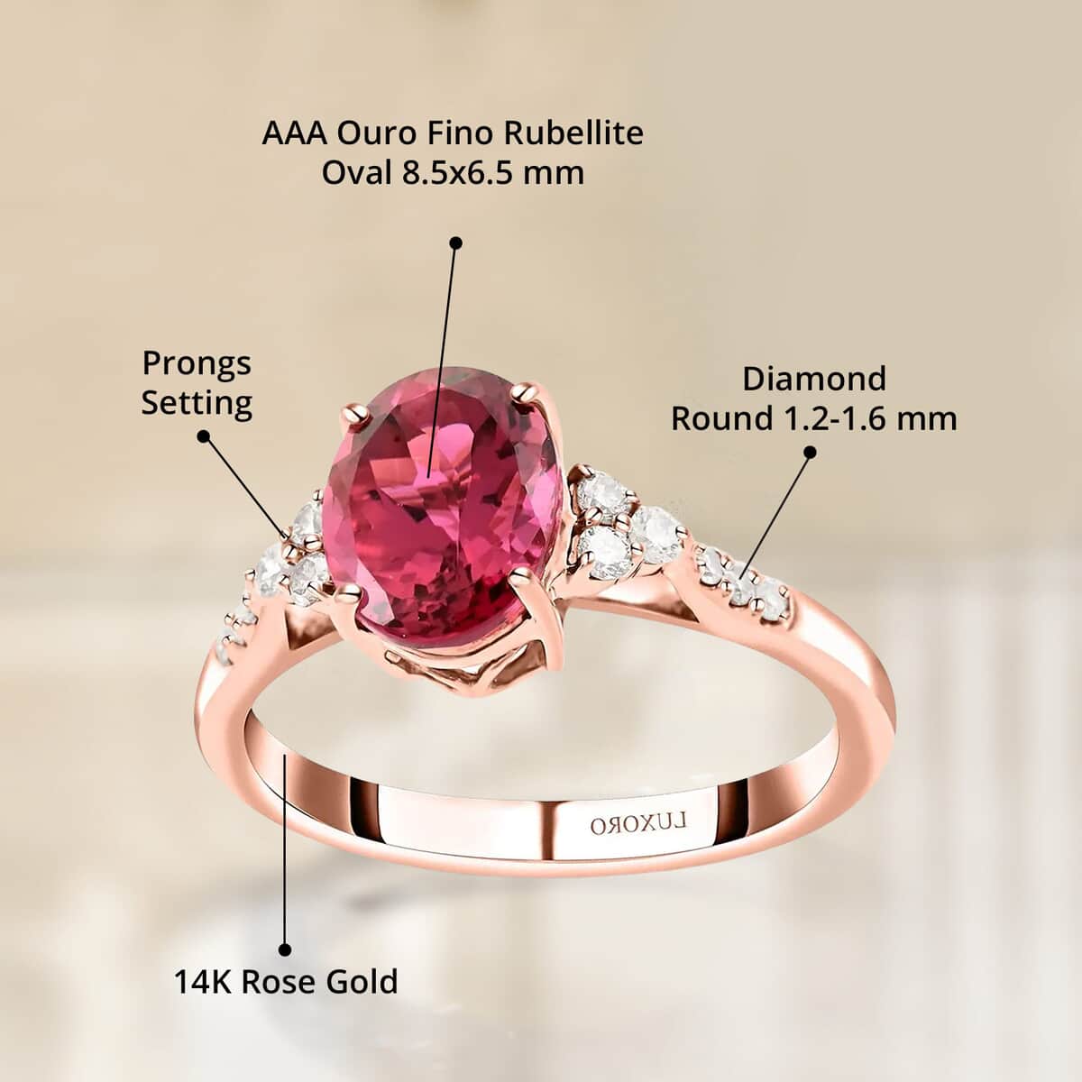 Certified & Appraised Luxoro 14K Rose Gold AAA Ouro Fino Rubellite and G-H I2 Diamond Ring (Size 10.0) 1.80 ctw image number 4