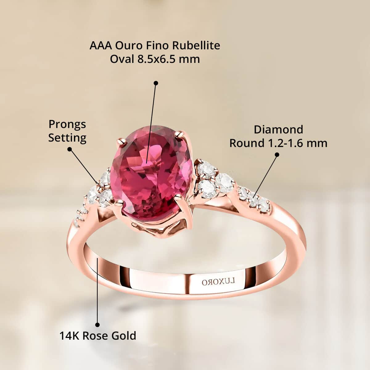 Certified & Appraised Luxoro AAA Ouro Fino Rubellite and G-H I2 Diamond 1.80 ctw Ring in 14K Rose Gold (Size 7.0) image number 4