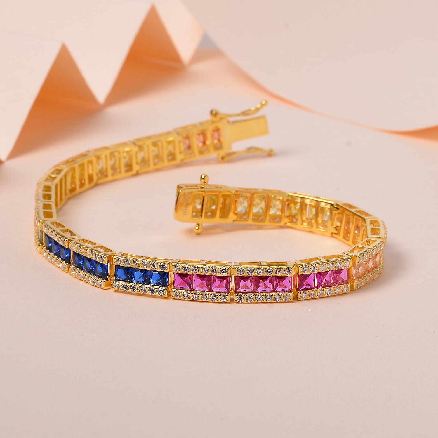 Simulated Multi Color Diamond Tennis Rainbow Bracelet in Vermeil Yellow Gold Over Sterling Silver (6.50 In) 12.75 ctw