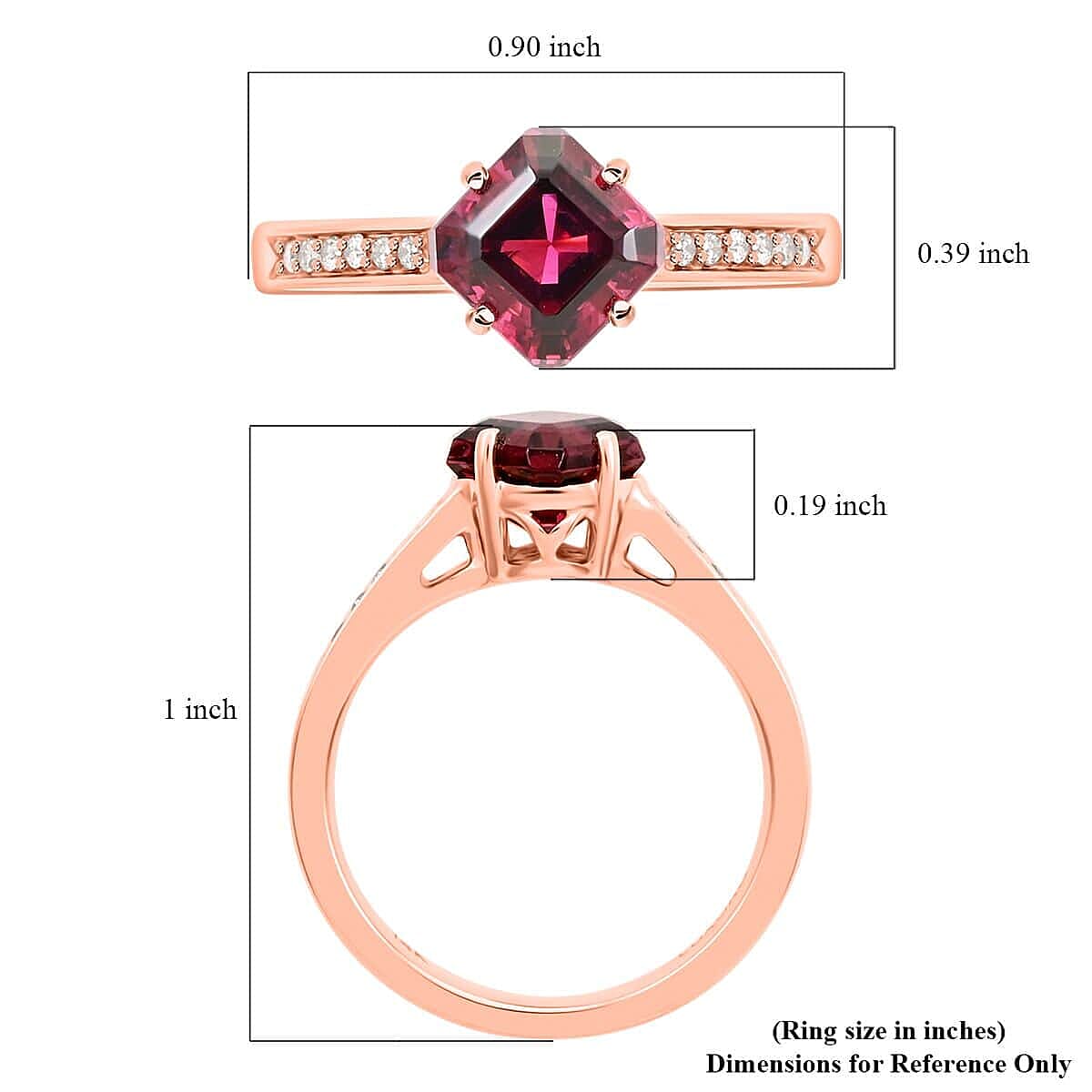 Luxoro AAA Asscher Cut Ouro Fino Rubellite and G-H I2 Diamond 1.60 ctw Ring in 14K Rose Gold (Size 10.0) 4.30 Grams
