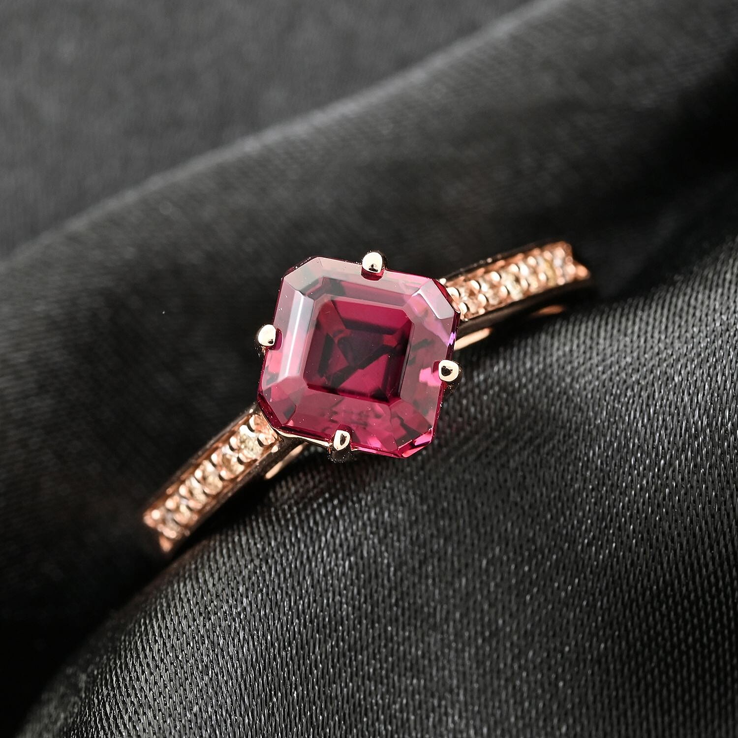 Luxoro AAA Asscher Cut Ouro Fino Rubellite and G-H I2 Diamond 1.60 ctw Ring in 14K Rose Gold (Size 7.0) 4.30 Grams
