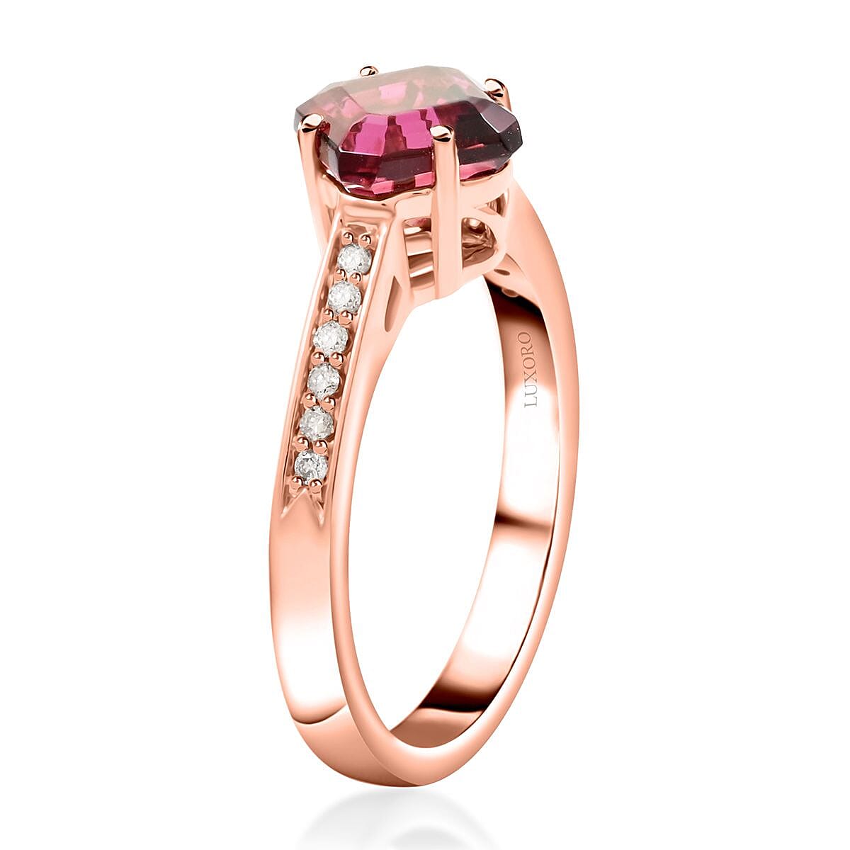 Luxoro AAA Asscher Cut Ouro Fino Rubellite and G-H I2 Diamond 1.60 ctw Ring in 14K Rose Gold (Size 7.0) 4.30 Grams