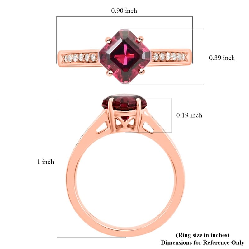 Luxoro AAA Asscher Cut Ouro Fino Rubellite and G-H I2 Diamond 1.60 ctw Ring in 14K Rose Gold (Size 7.0) 4.30 Grams