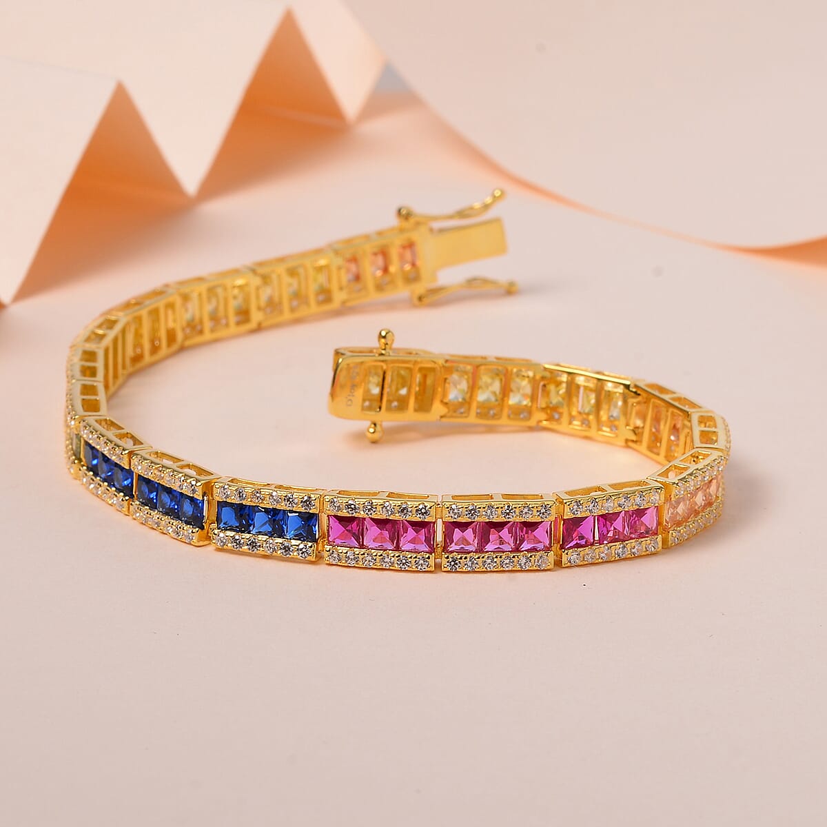 Simulated Multi Color Diamond Tennis Rainbow Bracelet in Vermeil Yellow Gold Over Sterling Silver (7.25 In) 14.20 ctw image number 1