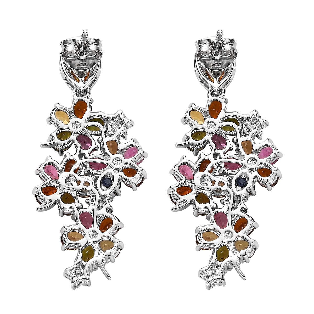 GP Italian Garden Collection Multi-Tourmaline and White Zircon Floral Earrings in Platinum Over Sterling Silver 7.40 ctw