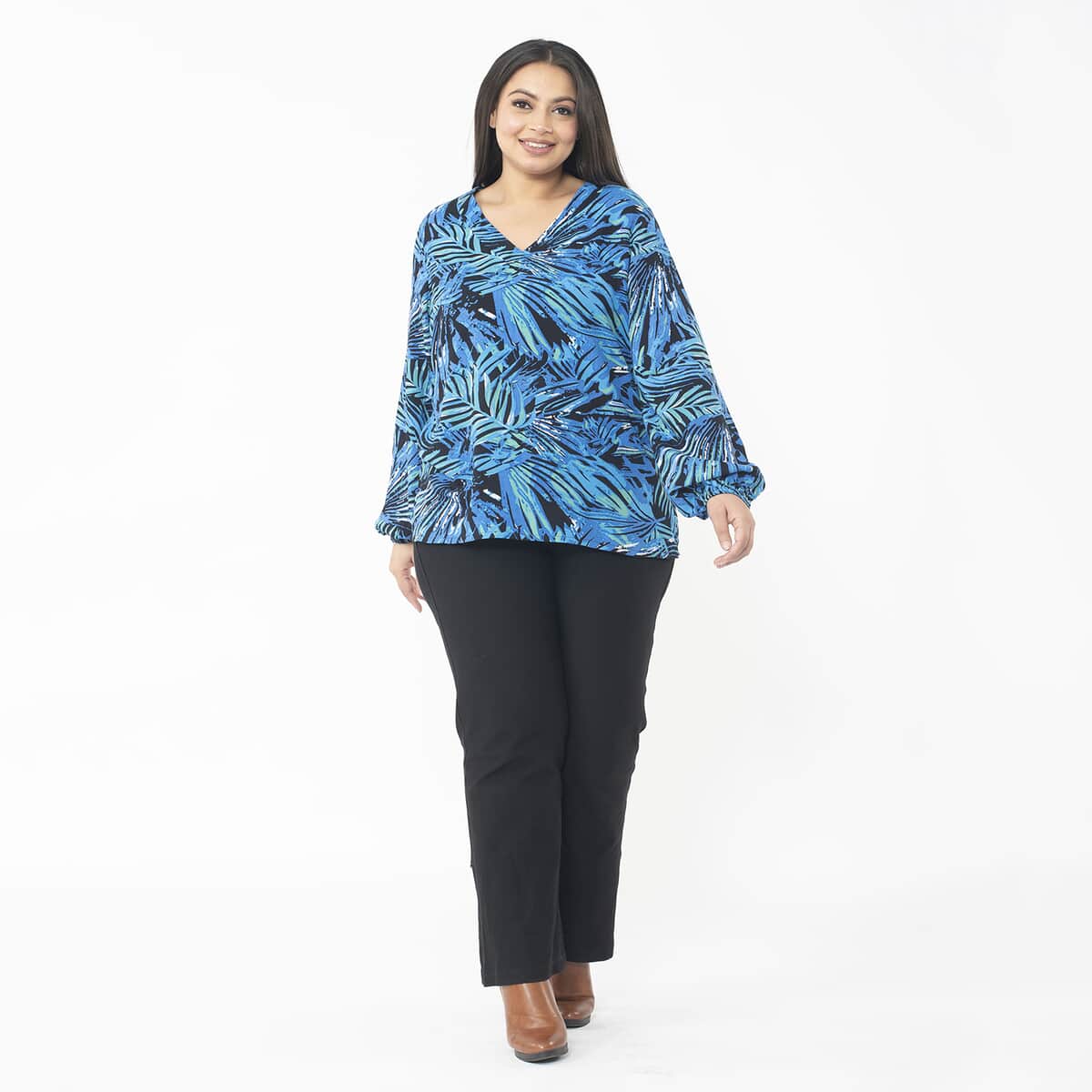 Tamsy Blue Palm Full Sleeve Blouse with Elastic on Sleeve Opening - One Size Fits Most image number 0