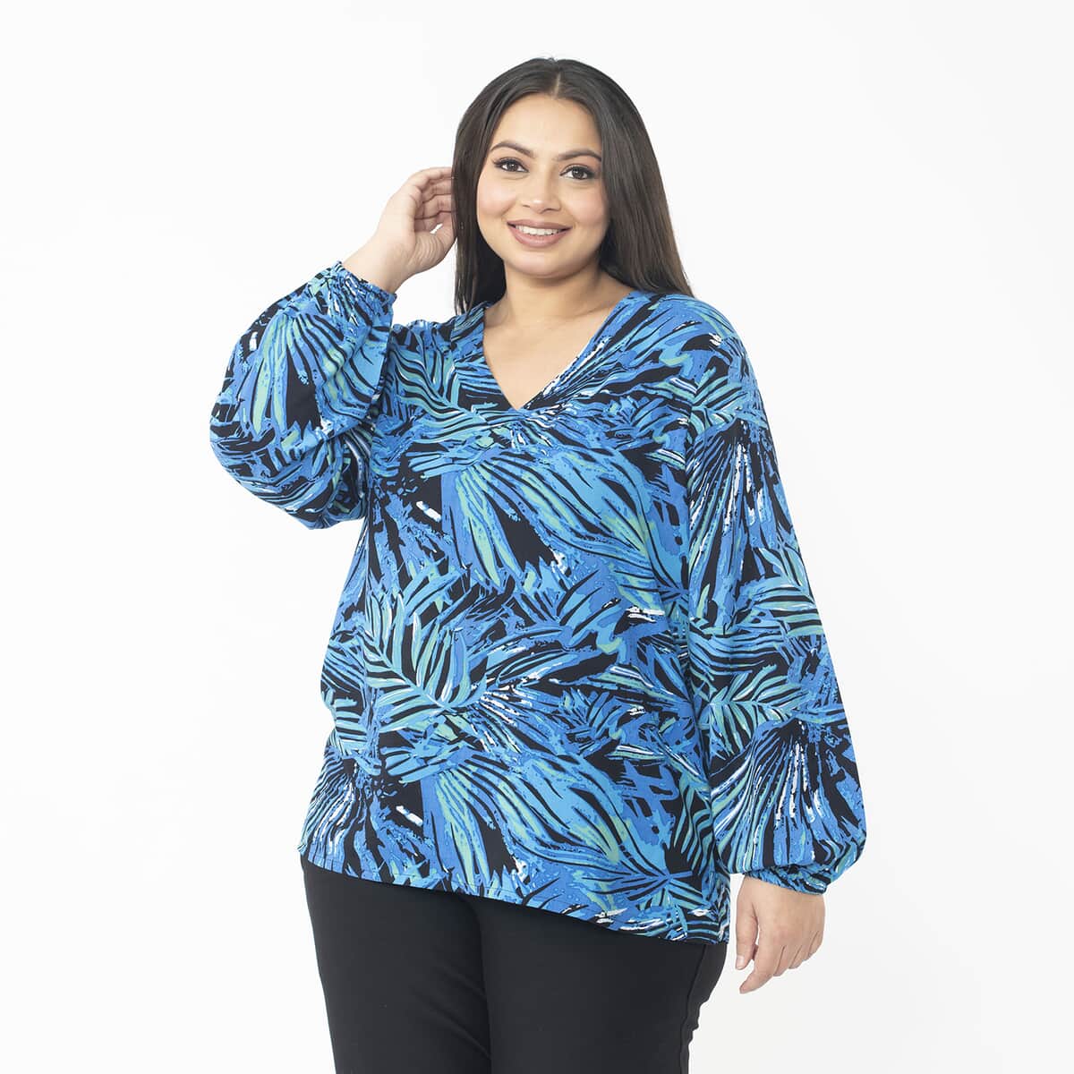 Tamsy Blue Palm Full Sleeve Blouse with Elastic on Sleeve Opening - One Size Fits Most image number 2