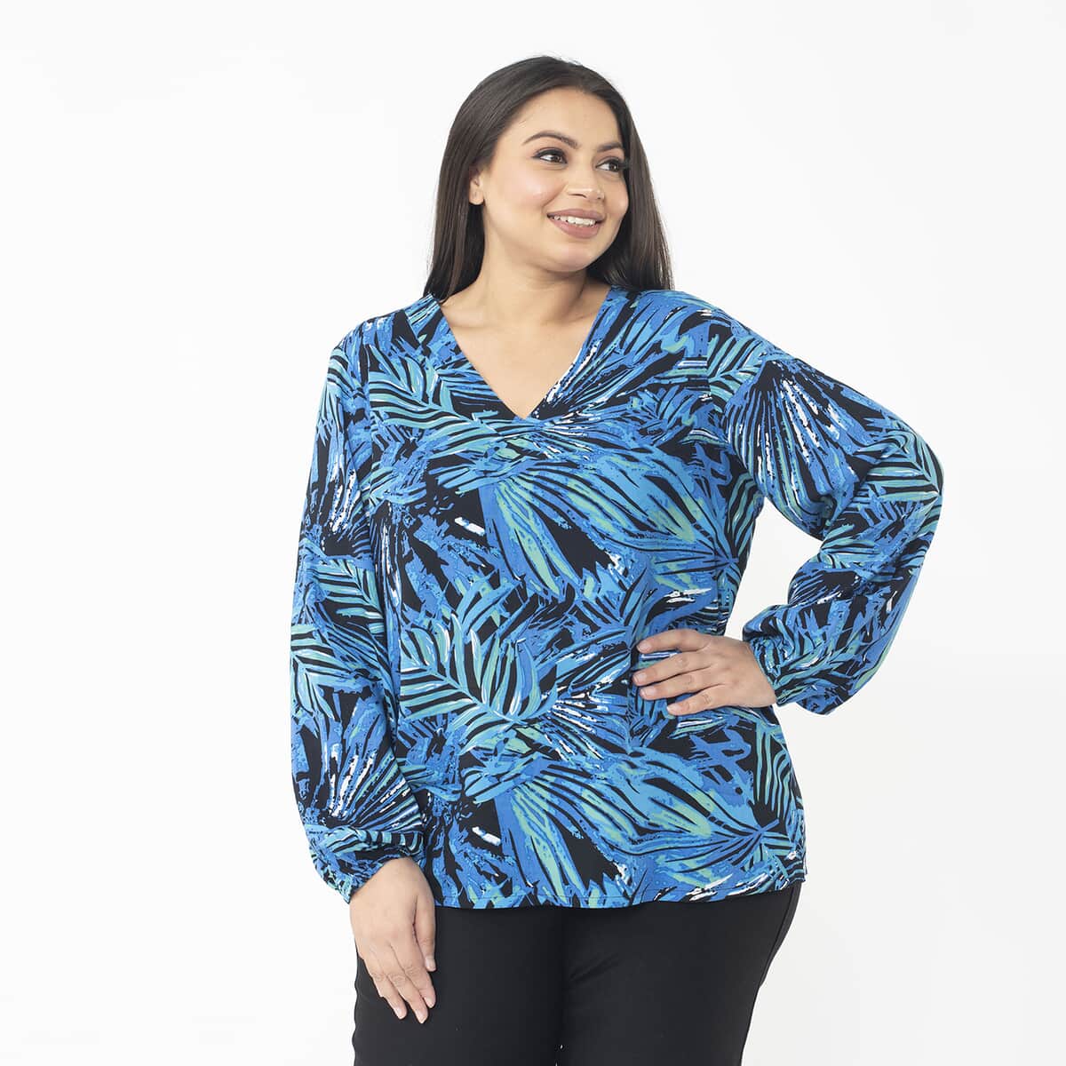 Tamsy Blue Palm Full Sleeve Blouse with Elastic on Sleeve Opening - One Size Fits Most image number 3