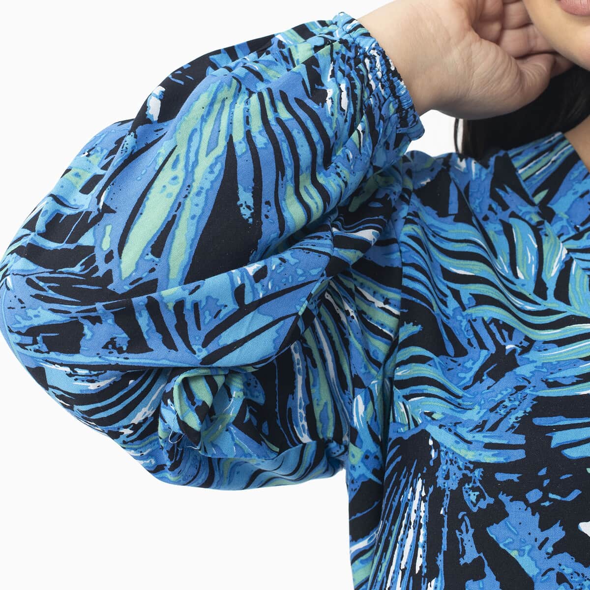 Tamsy Blue Palm Full Sleeve Blouse with Elastic on Sleeve Opening - One Size Fits Most image number 5