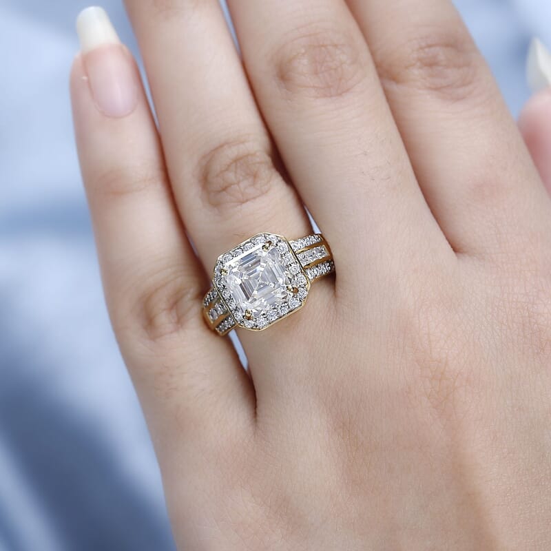 Asscher Cut Moissanite Halo Ring in Vermeil Yellow Gold Over Sterling Silver (Size 10.0) 5.00 ctw