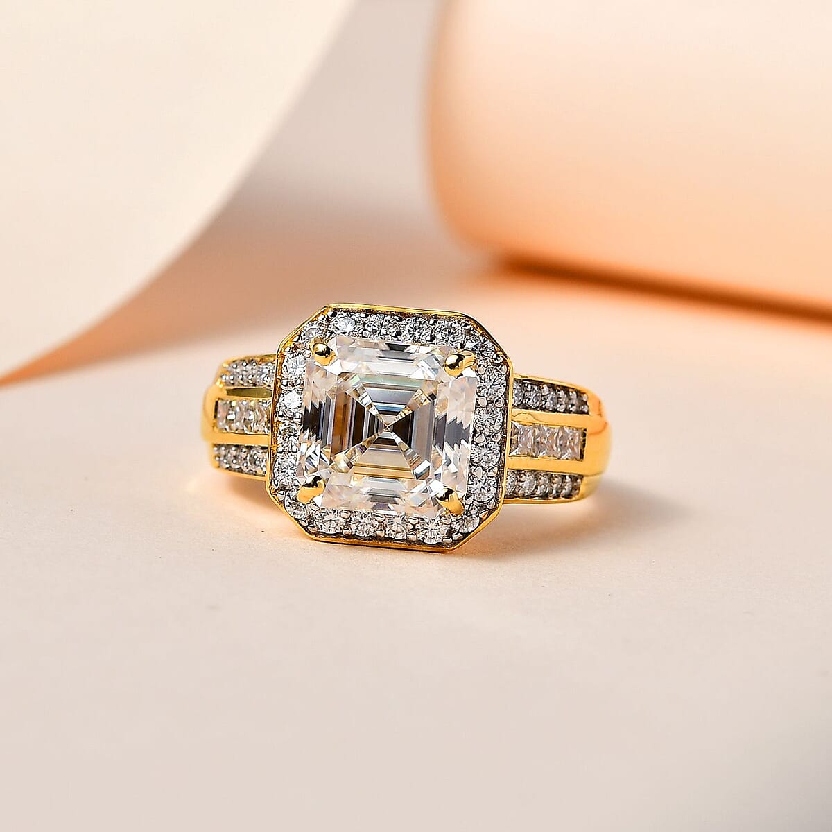 Asscher Cut Moissanite Halo Ring in Vermeil Yellow Gold Over Sterling Silver (Size 8.0) 5.00 ctw image number 1