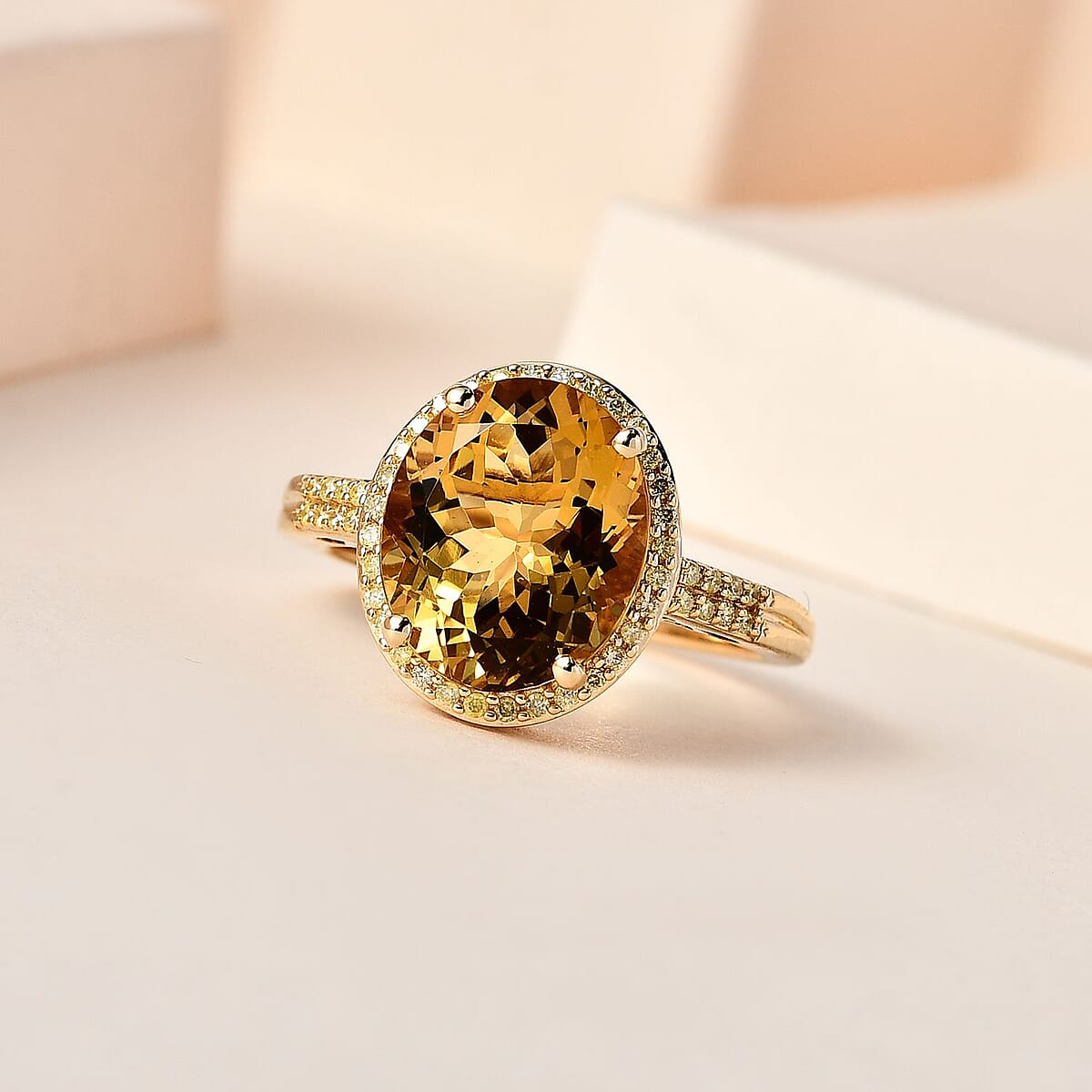 Luxoro 14K Yellow Gold AAA Brazilian Heliodor and Natural Yellow Diamond I3 Halo Ring (Size 8.0) 4.10 ctw image number 1