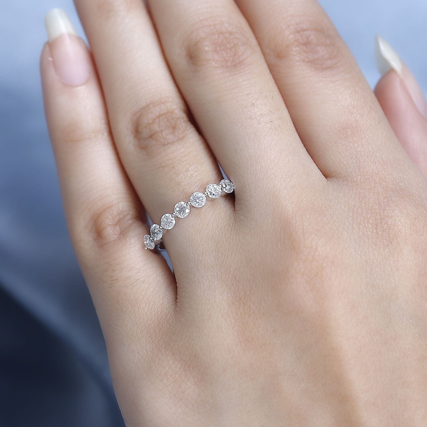 Moissanite 7 Stone Ring in Platinum Over Sterling Silver (Size 5.0) 0.75 ctw