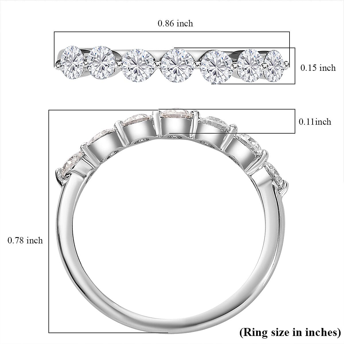Moissanite 7 Stone Ring in Platinum Over Sterling Silver (Size 5.0) 0.75 ctw
