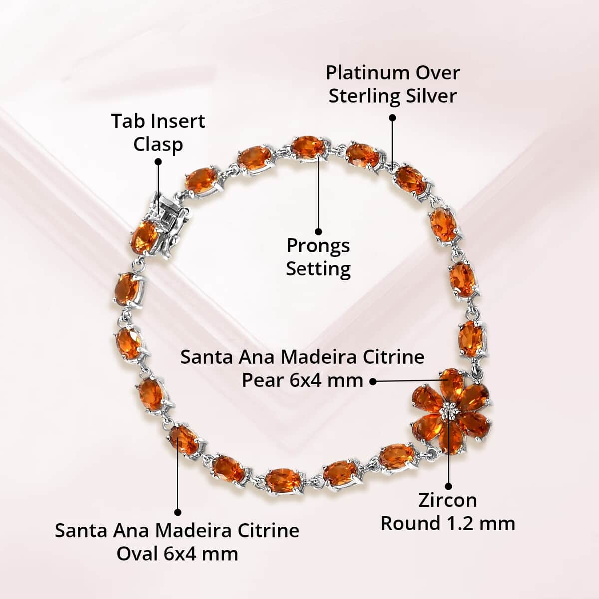 Santa Ana Madeira Citrine, White Zircon Floral Bracelet in Platinum Over Sterling Silver (6.50 In) 8.20 ctw image number 4