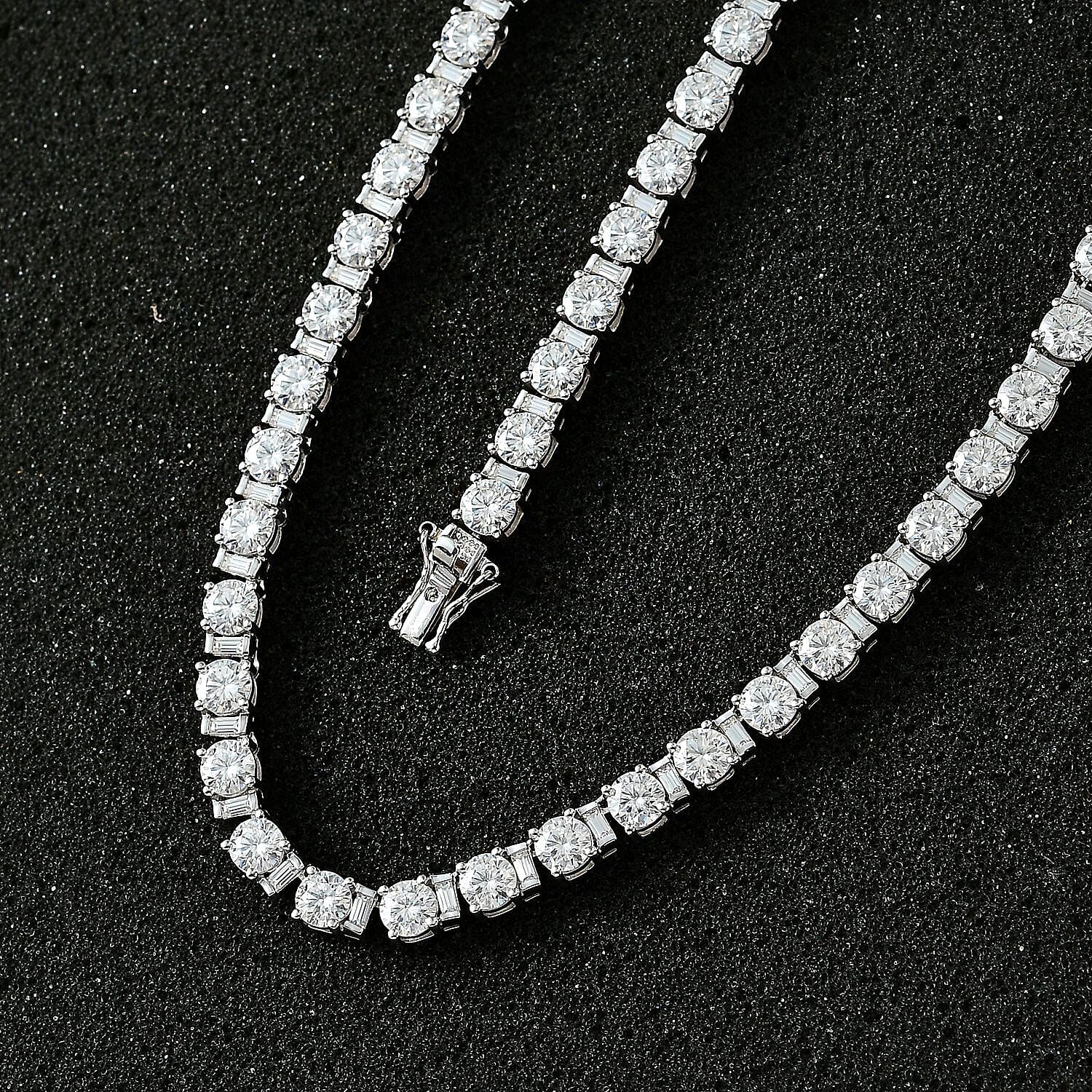 D'Joy Moissanite (Rnd 5mm) Tennis Necklace 18 Inches in Platinum Over Sterling Silver 33.65 ctw