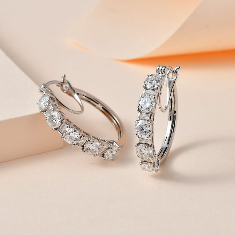 Moissanite Hoop Earrings in Platinum Over Sterling Silver 4.80 ctw