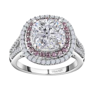 Moissanite and Madagascar Pink Sapphire Double Halo Ring in Platinum Over Sterling Silver (Size 10.0) 4.75 ctw