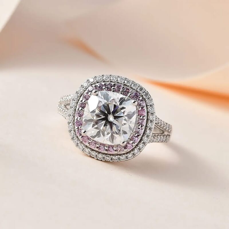 Moissanite and Madagascar Pink Sapphire 4.75 ctw Double Halo Ring in Platinum Over Sterling Silver (Size 10.0)